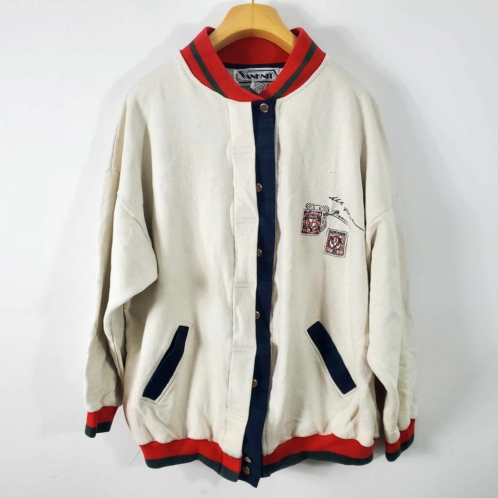 Vintage VANNINI Unisex Bomber Jacket  80s Style Cream with Red & Green Details